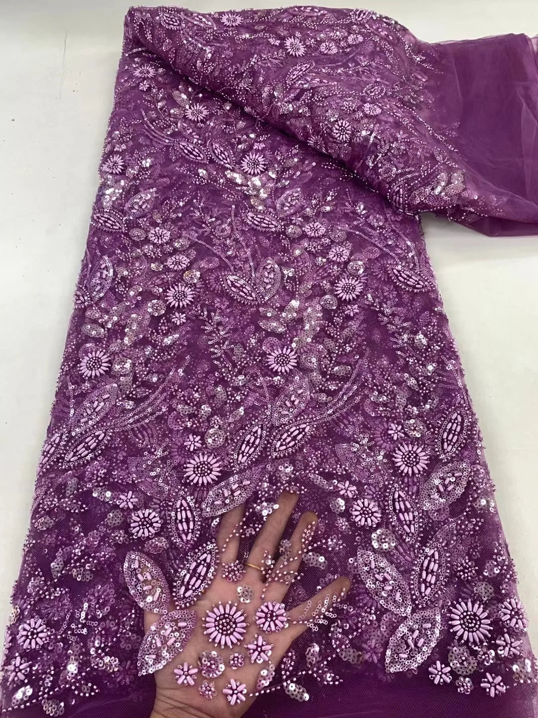 African Nigerian Tulle Lace Fabric with Sequins & Beaded Embroidery - LY4798, 5 Yards