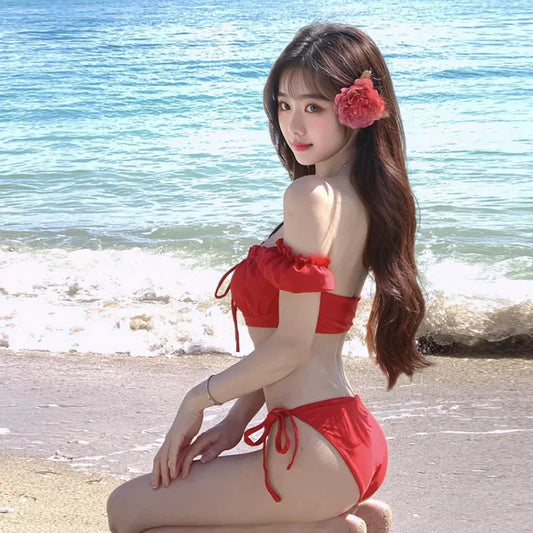 Sexy Retro Red Bikini Women's Two-Piece Swimsuit Pure Desire Swimwear 2025 New Sle Trendy e Design with Steel Support