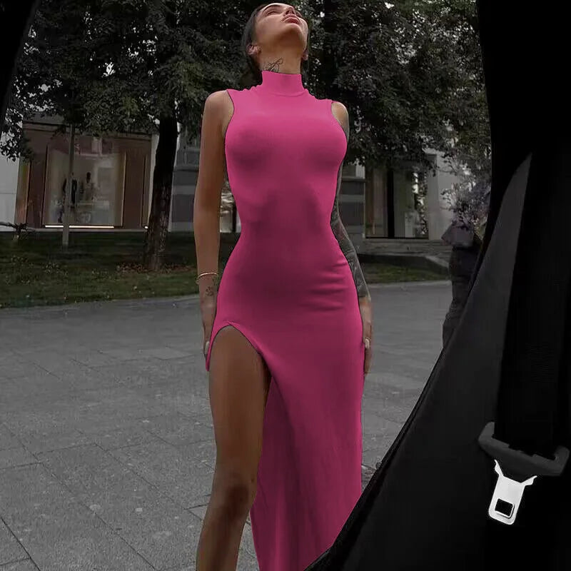 Europe and the United States cross-border fashion round neck sleeveless slim slit sexy MIDI skirt