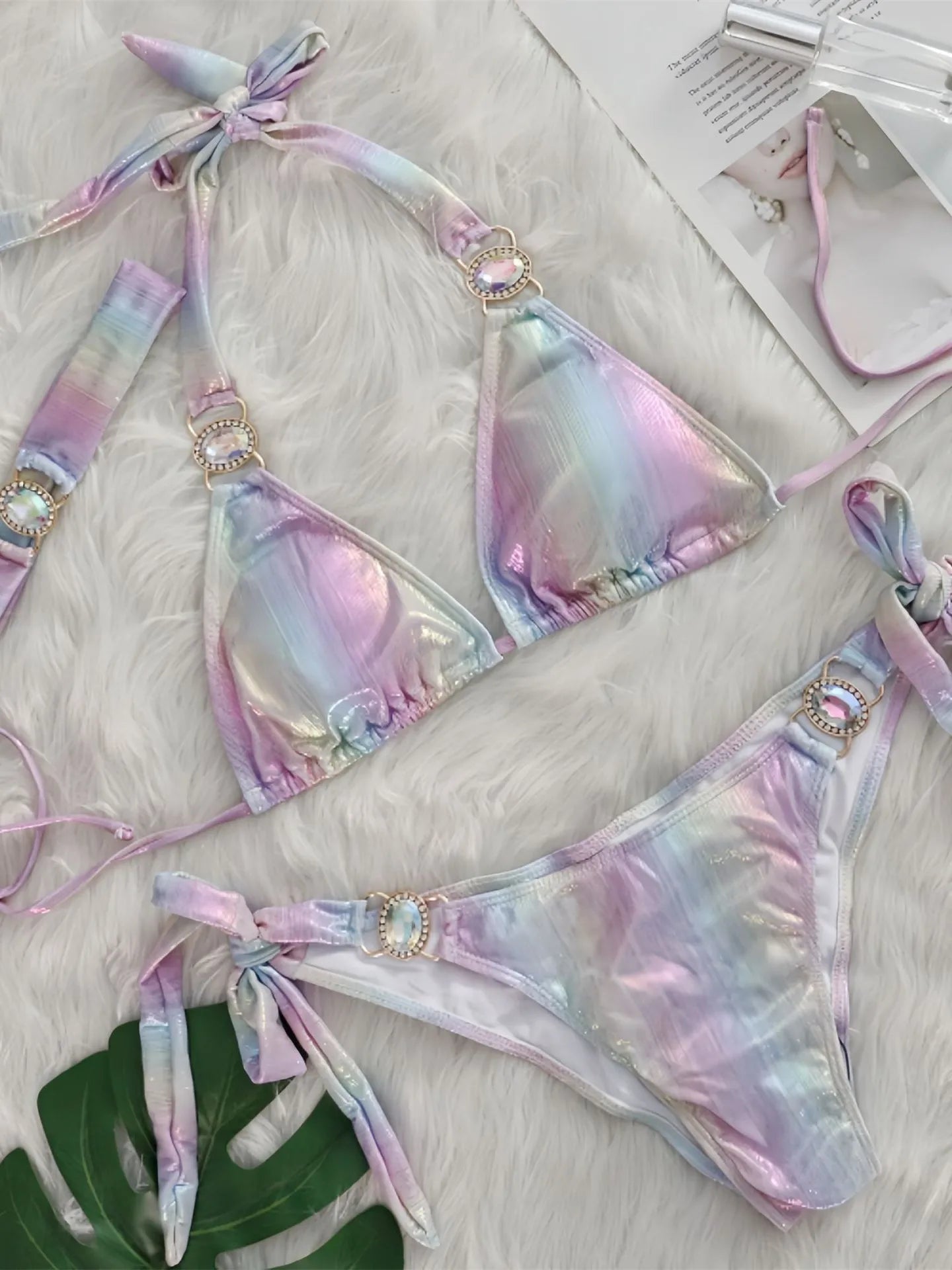 Sexy Pink Gradient Bikini Set 2025 Women Luxury Rhinestone Push Up Band 3 Piece Swimsuit Bathing Suit Diamond Thong Swimwear