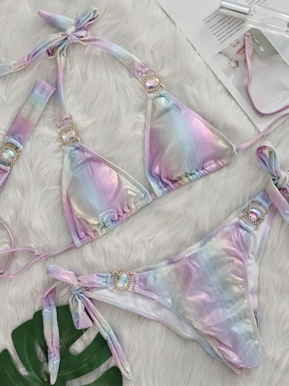 Sexy Pink Gradient Bikini Set Women Luxury Rhinestone Push Up Band 3 Piece Swimsuit Bathing Suit Diamond Thong Swimwear