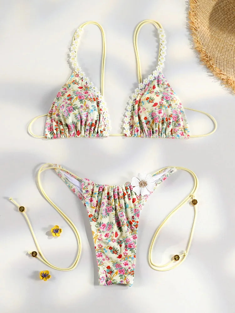Floral Print Bordered Bikini Set Sexy Swimwear Women 2025 Bikinis Swimsuit Micro Thong Bandage Bathing Suits