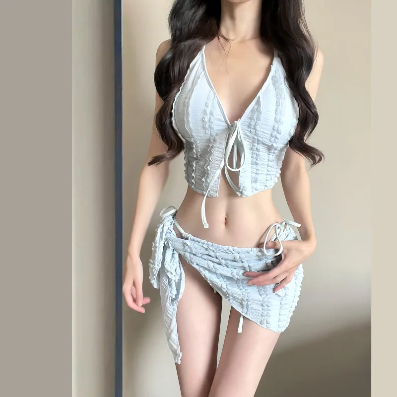Thailand 2025 New Swimsuit Women's Solid Color Straps High-end Bikini 3-piece Set Beautiful White Swimsuit Women Bikini Set