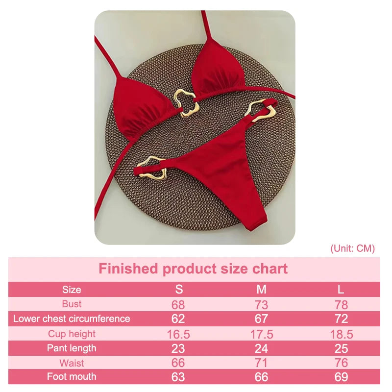 Sexy Solid Color Halter String Triangle Two Piece Bikini Trendy Metal Buckle Swimsuit For Women Summer Beach Lace-up Swimsuit