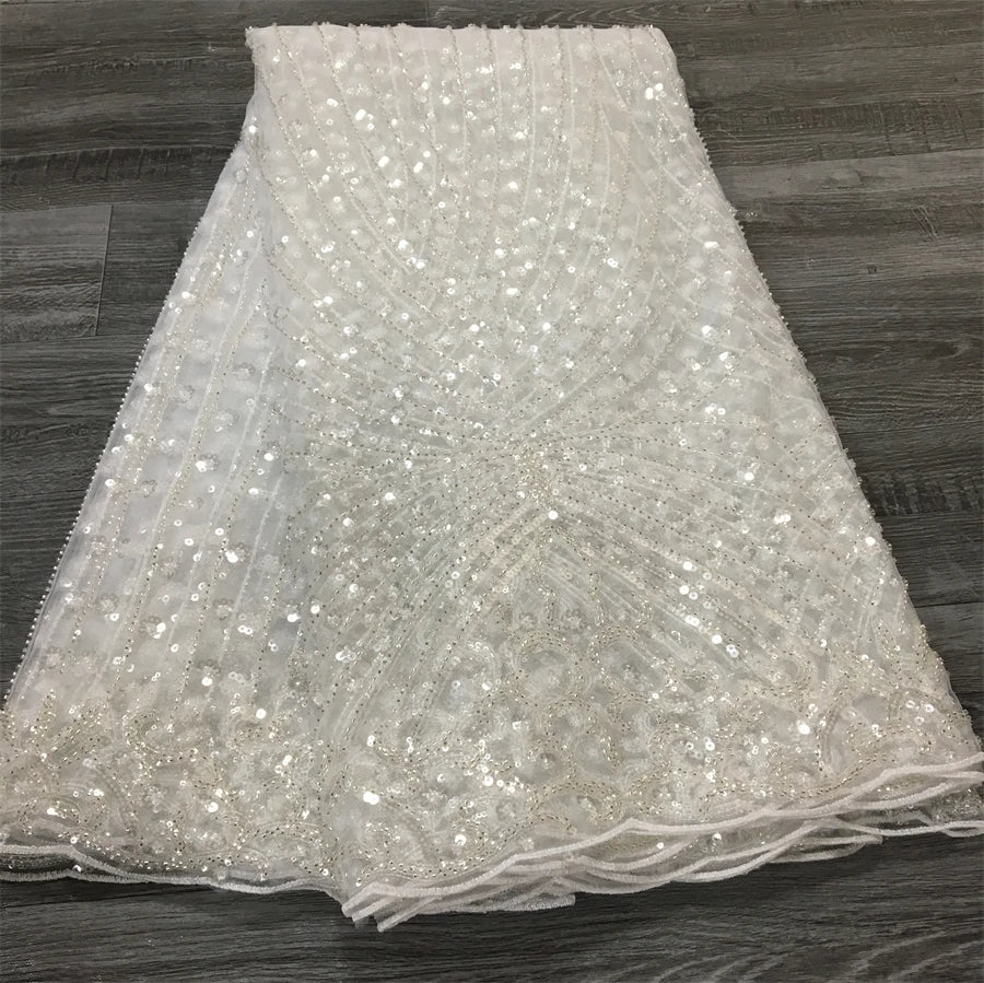Latest African Sequined Lace Fabric 2025 - Beaded Mesh - French, 5 Yards