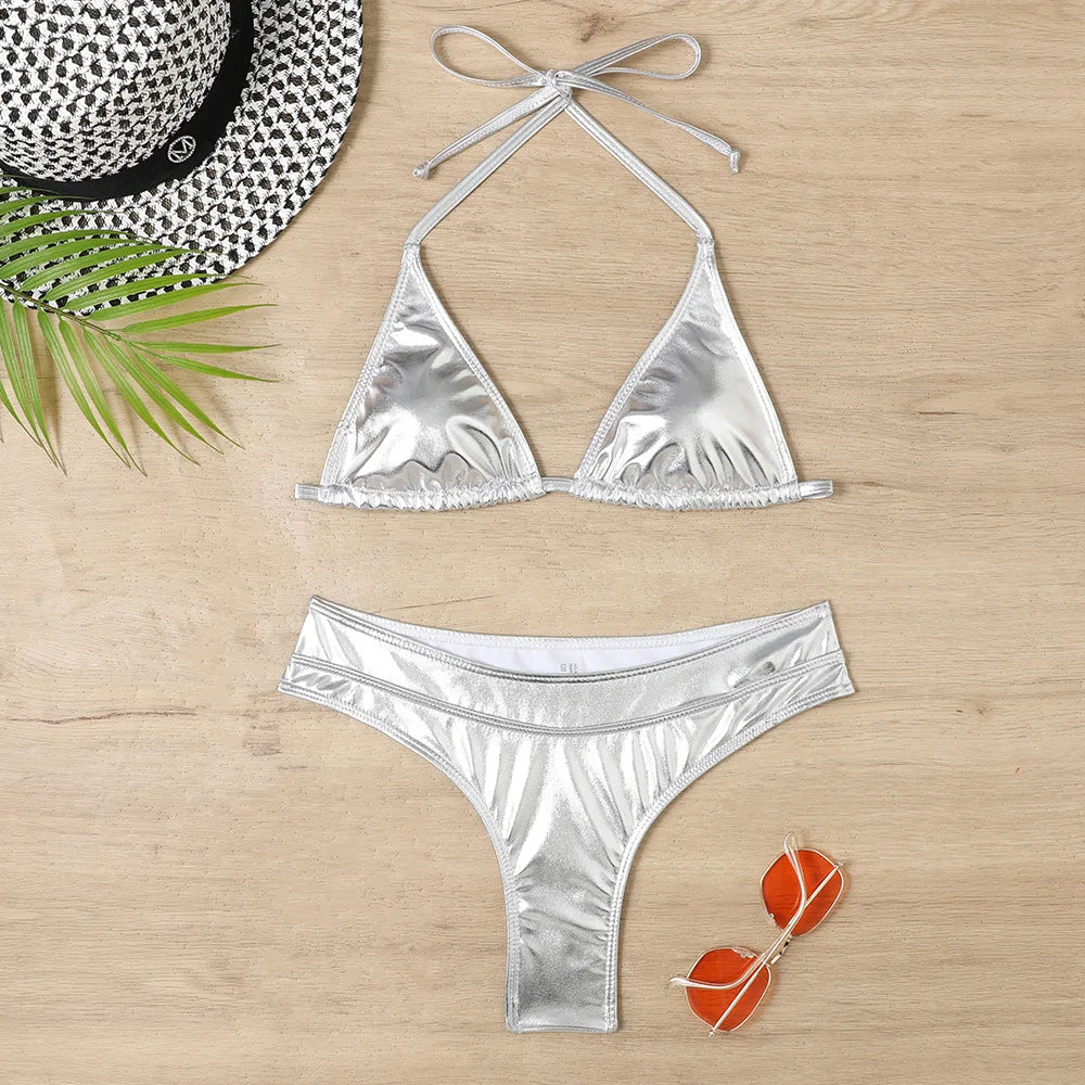 Sexy Triangle Push Up Bikini Metallic Brazilian Swimwear Women Golden Silver Side String Bikini Bathing Suit Beach Wear Biquini
