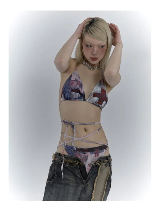 Japanese Subculture Y2K Harajuku Pattern Printed Women's Bikini Set Summer American Retro Sexy Strap Millennium Style Bikini emo