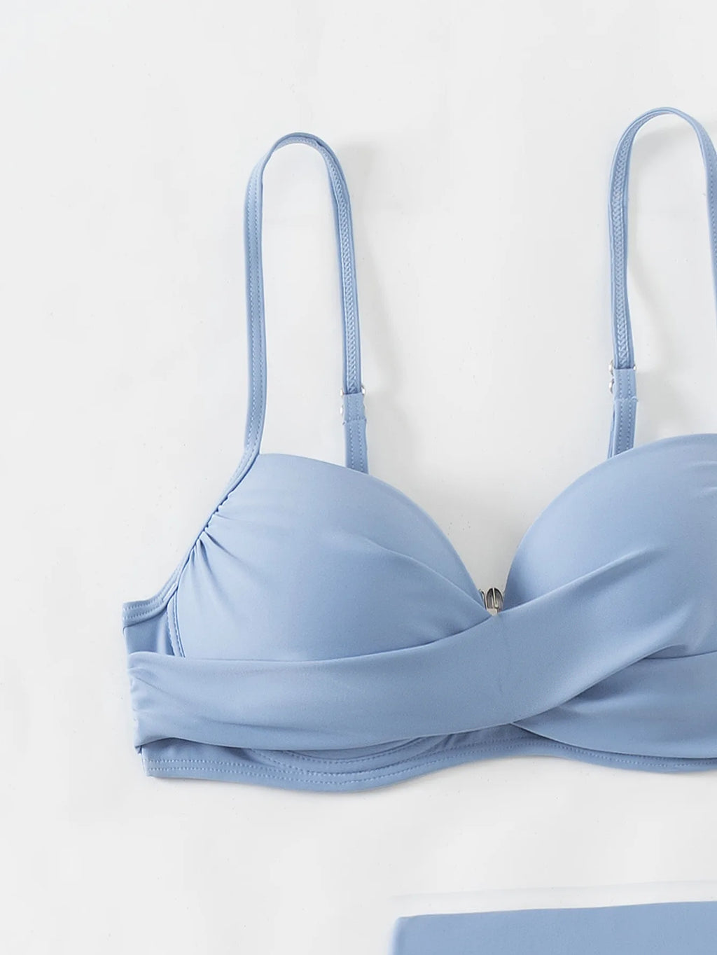 Women's Sky Blue Three Piece Swimsuit Solid Color V-neck Underwire Bikini Set Beach Vacation Suspender Backless Swimwear 2024