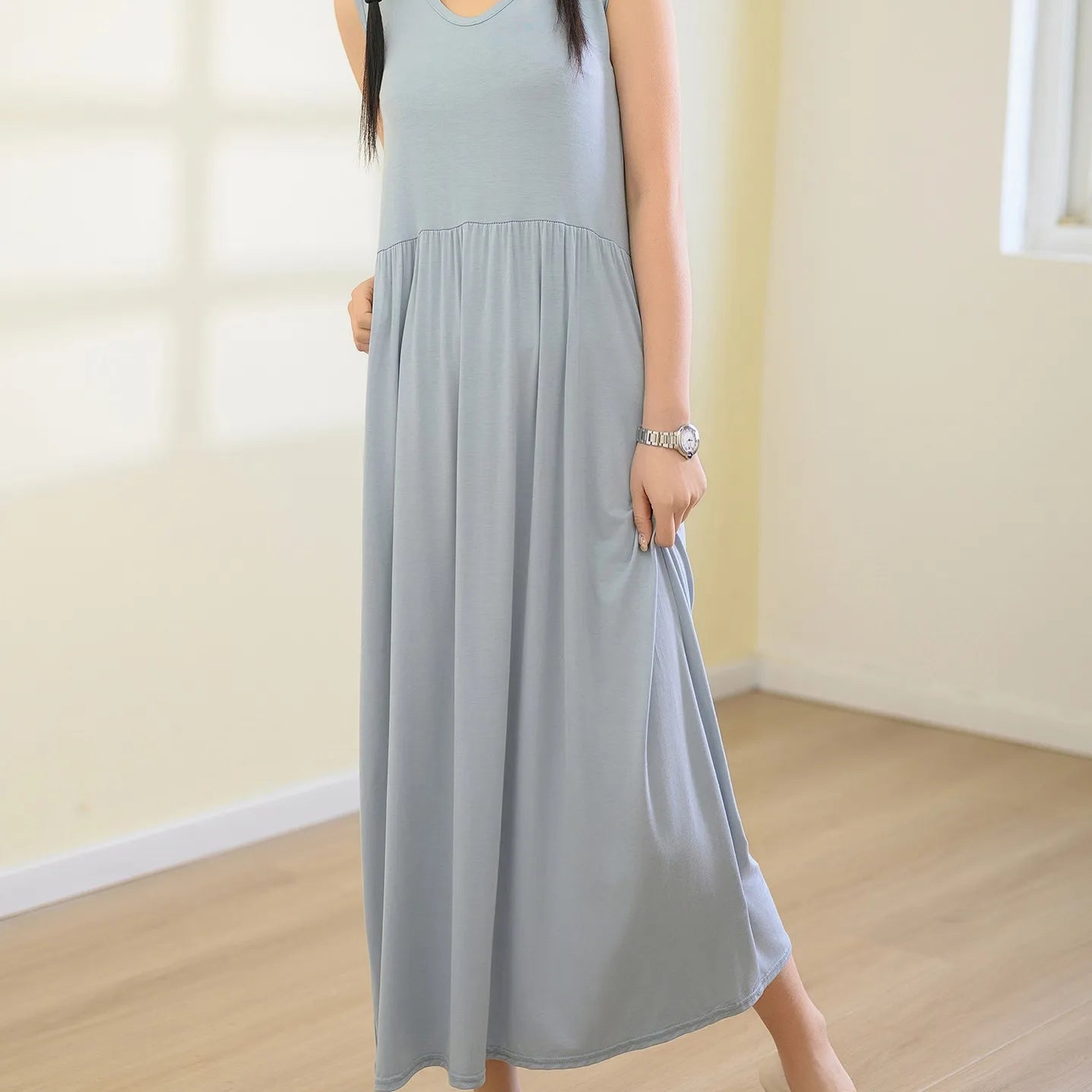 Plus size L to 6XL Women's dress Modal Sleeveless tank dress Pleated sleepdress Mid-Length waist-slimming dresses Loose homewear
