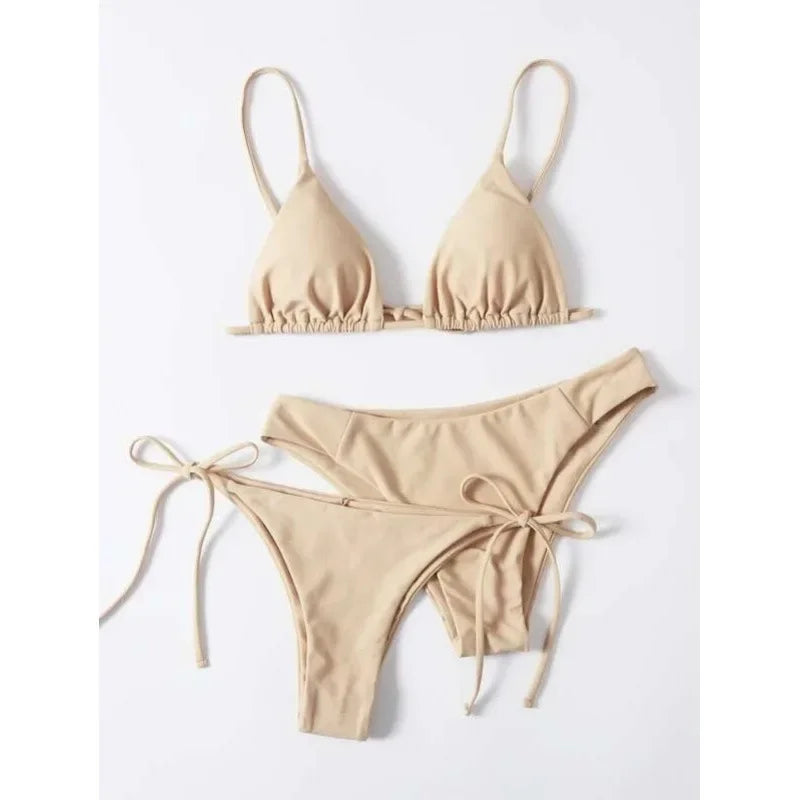 OIINAA Swimwear Women Sexy Solid Swimsuit Drawstring Bow Tie Bikini Set Three-pieces Beachwear Summer Thong Bather Bathing Suit