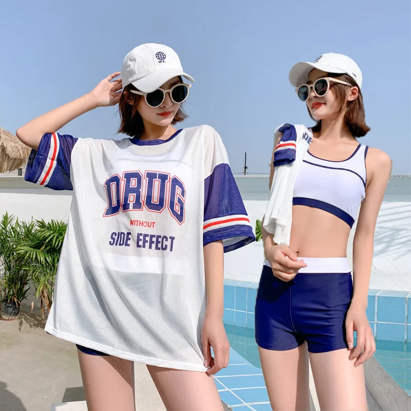 Conservative Student Swimwear ular Korean Sle Women's Tee-piece Set Long Sve Spor Separate Bikini Suit