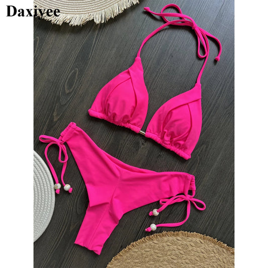 Sexy Halter Bandage Bikini Set Drawstring Beeds Patchwork Women Swimsuit Two-piece Triangle Thong Swimwear Bathing Suit Biquini