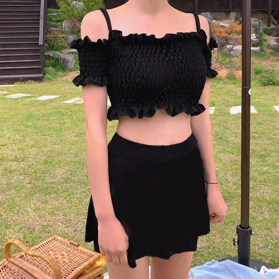 OIINAA Swimwear Women Halter Slash Neck Bikini Set Pleated Ruffled High Waist Dot Skirt Summer 2025 Vintage Hot Spring Swimwear