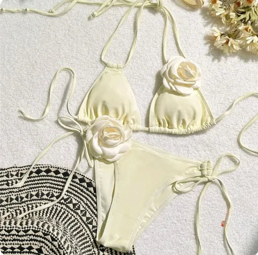 Sexy Bikini Set Women Swimsuit 2024 Black White 3D Floral Print Micro Bikinis Brazilian Cutout Beach Bathing Suit Thong Swimwear
