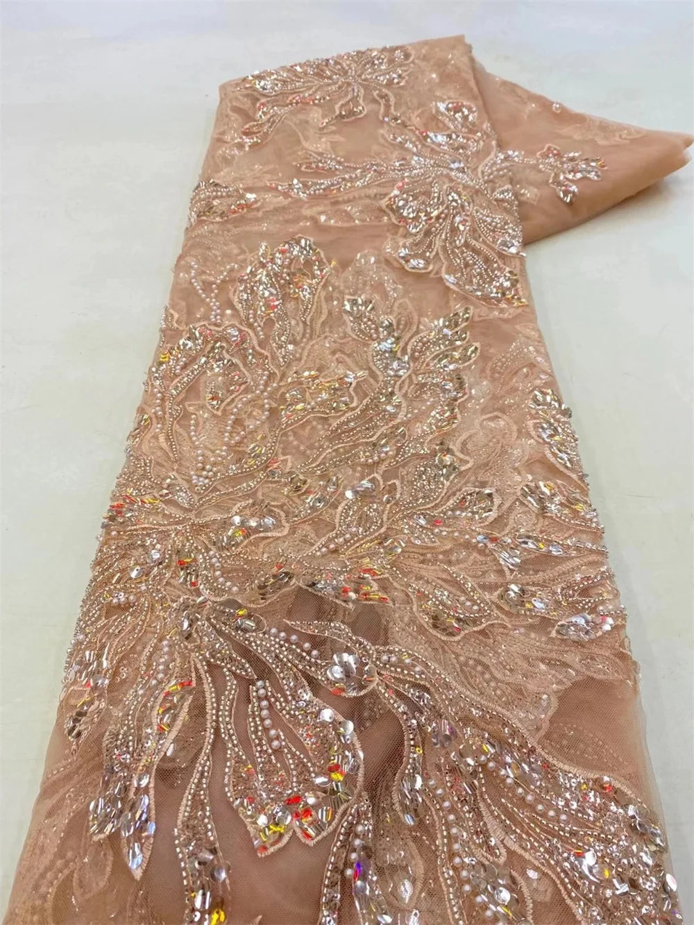 African Lace Fabric 2025 - Sequined Beaded Bridal Lace - No. 001, 5 Yards