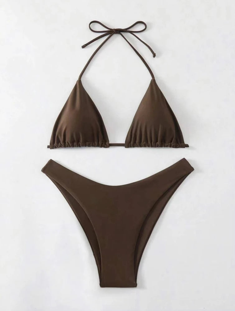 Women Thong Bikini Sexy Solid White/Black/Coffee Halter Swimsuit Lace Up Brazilian Bathing Suit New Double Fabric Beachwear