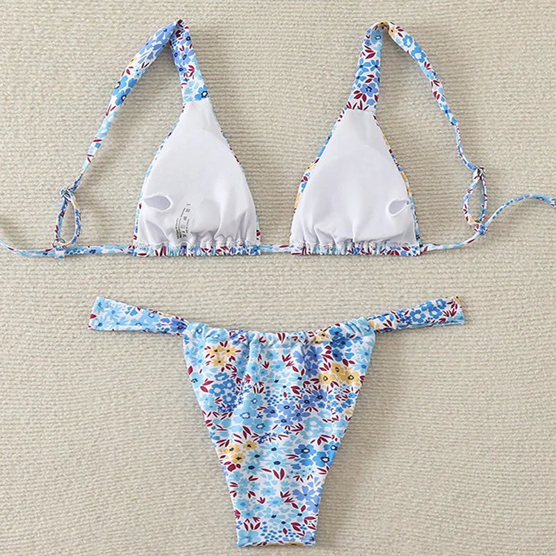 Sexy Pink Floral Print Bikini Set 2025 Women Halter Push Up Bra Pleate Thong Swimsuit Summer Bathing Suit Triangle Swimwear