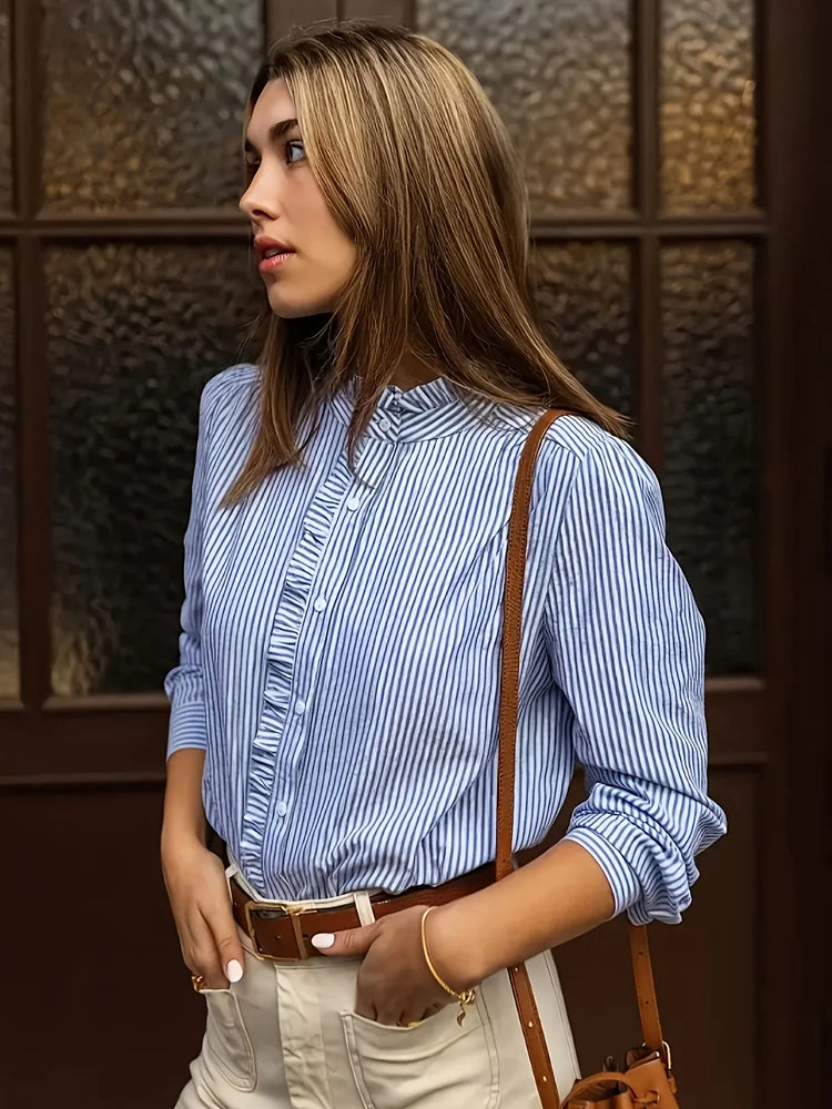 Plus Size Women's New Women's Blue Striped Shirt Basic Comfortable Versatile Temperament Long Sleeve Shirt