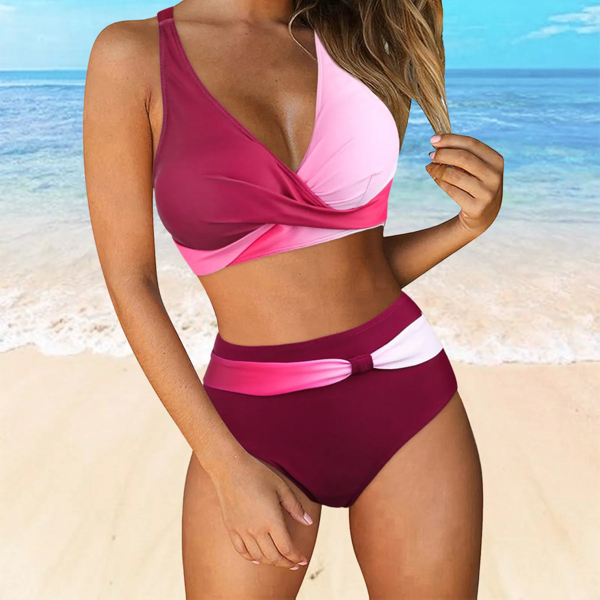 Women High Waisted Bikini Sexy Deep V Neck Push Up Bra Two Piece Vintage Bohomian Style High Rise Full Coverage Hip Swimsuit