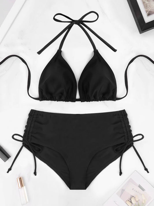 2 Pcs/Set Women's Bikini Split Set Summer Leisure Vacation Style Hanging Neck Bareback Strap Bikini Set Beach Women's Swimsuit