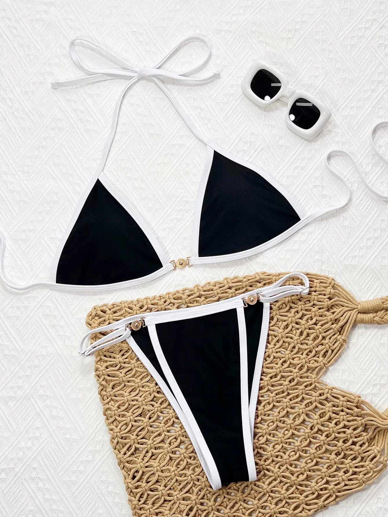 Sexy Black Contrast Bikini Set 2025 Women Luxury Push Up Bra Diamond Thong Swimsuit Brazilian Summer Bathing Suit Micro Swimwear