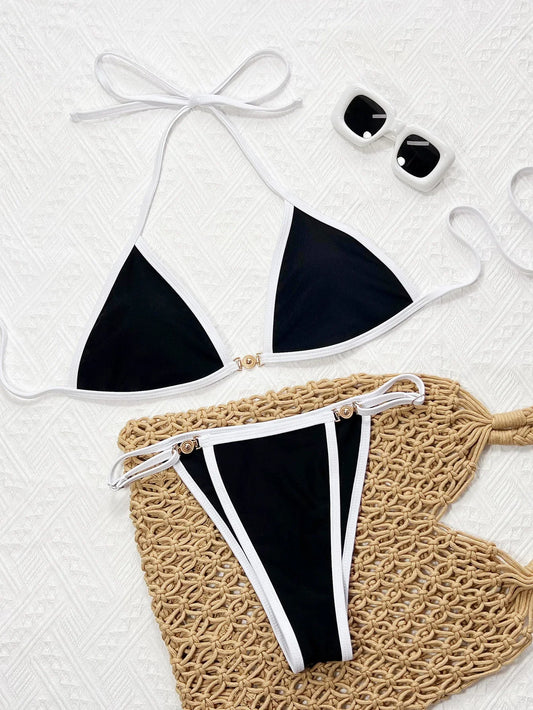 Sexy Black Contrast Bikini Set 2025 Women Luxury Push Up Bra Diamond Thong Swimsuit Brazilian Summer Bathing Suit Micro Swimwear