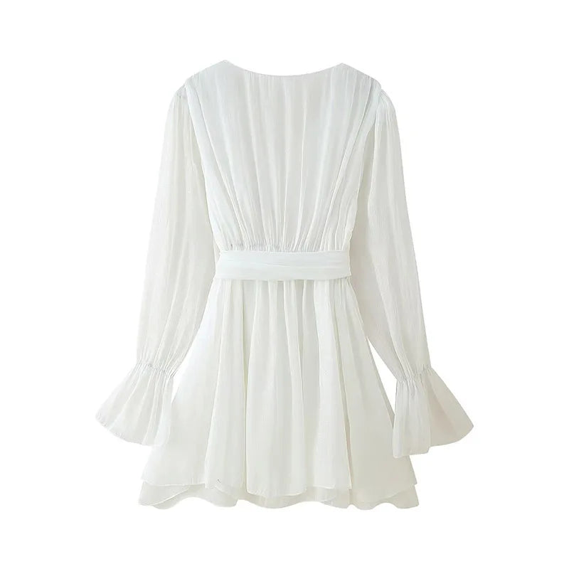 All Seasons Solid Color V-Neck Flared Long-sleeved Dress Women Bow Sashes A-line Midi Dress Female Casual Elegant Wear 2025 new