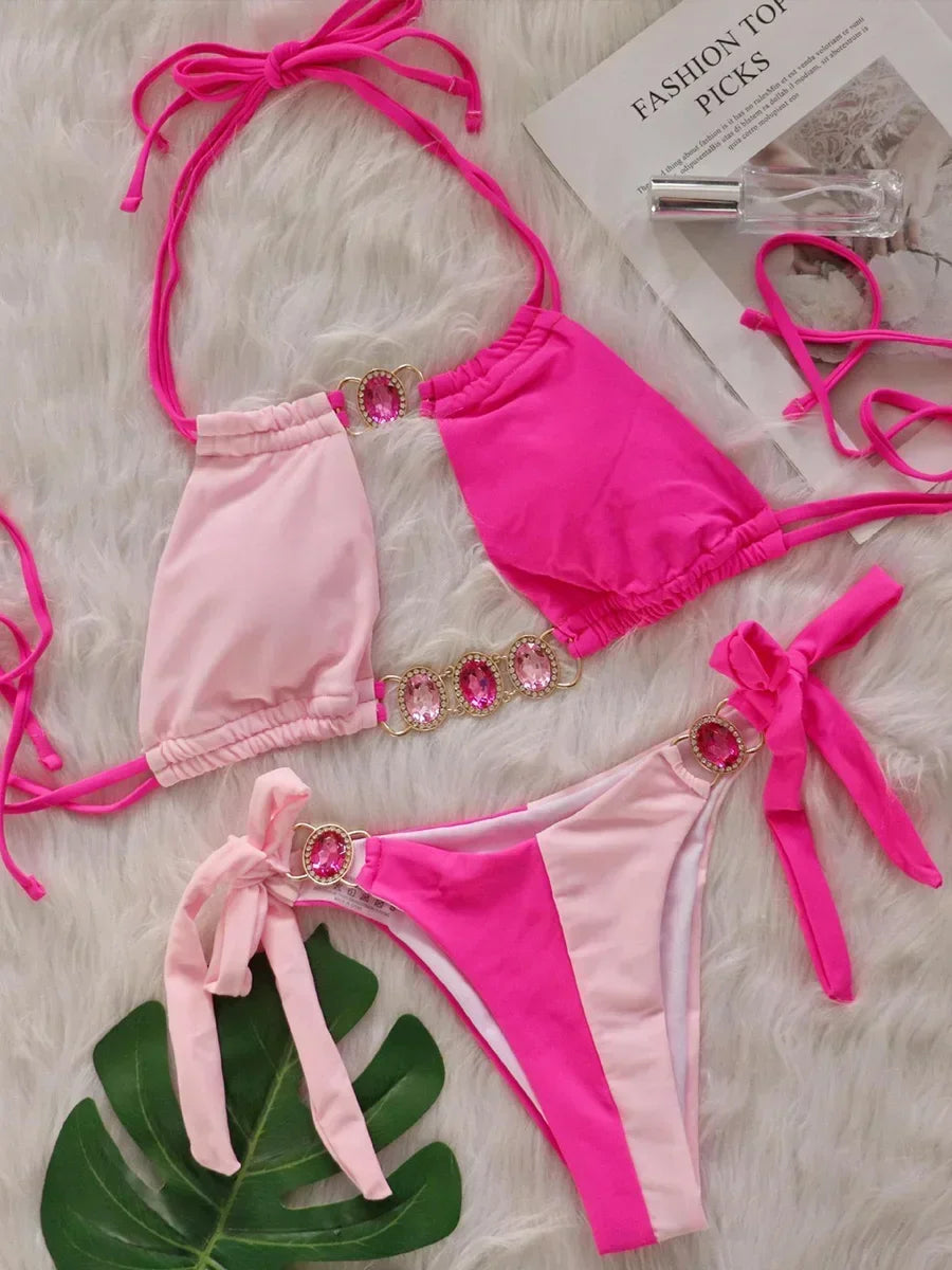 Splicing Halter Diamond Bikini Women Swimsuit Female Swimwear Two Pieces Bikini Set Hollow Out Bathing Suit Swim Beach Wear