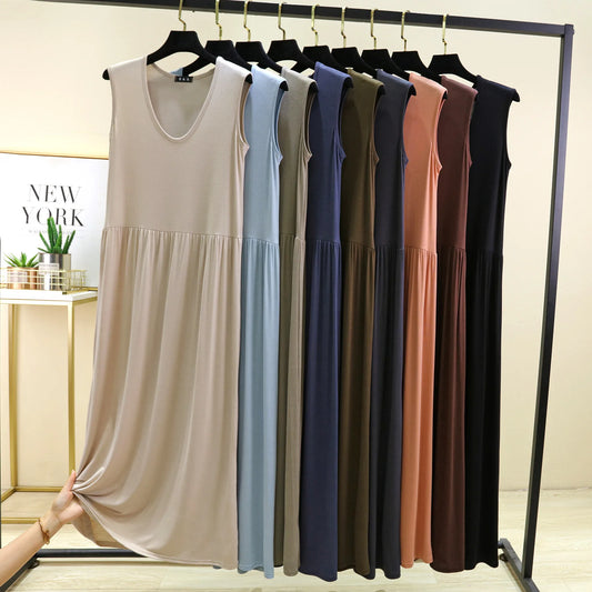 Plus size L to 6XL Women's dress Modal Sleeveless tank dress Pleated sleepdress Mid-Length waist-slimming dresses Loose homewear