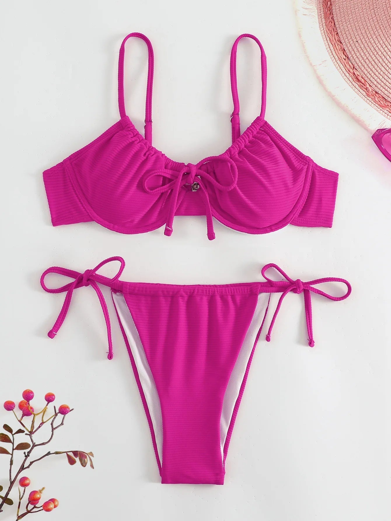 Sexy Bikini Set Women Bathing Suit Solid Pleated Lace Up Thong Split Micro Bikini Summer 2025 New Beach Wear Two Pieces Swimwear
