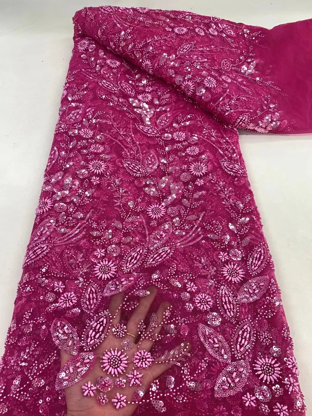 African Nigerian Tulle Lace Fabric with Sequins & Beaded Embroidery - LY4798, 5 Yards