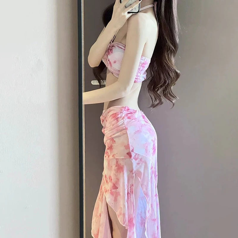 Women's Long Dress Bikini Halter Neck Sexy Swimsuit with Removable Pads Beach Cover Up Flowy Swimsuit for Vacation Body Shaping