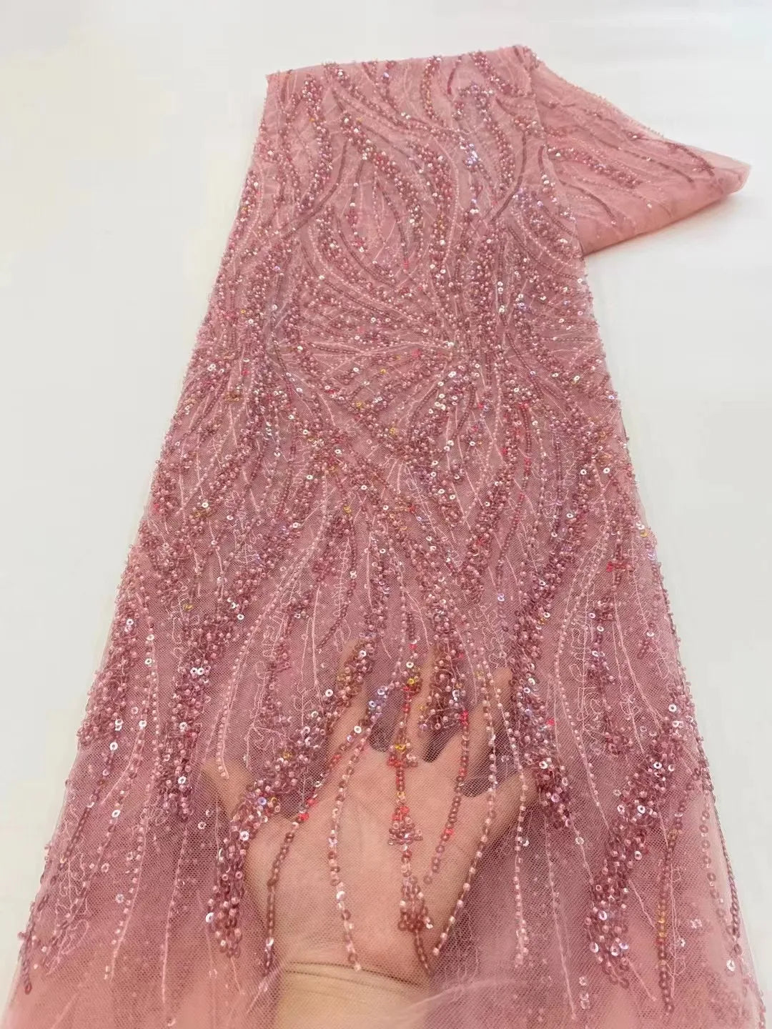 African Lace Fabric 2025 - Sequined Beaded Bridal Lace - No. 002, 5 Yards