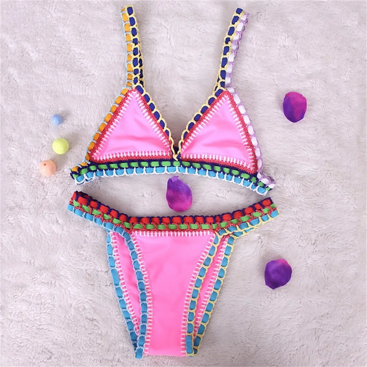 Pink Crochet Bikini 2025 Sexy Women Swimsuit Female Swimwear Micro Bikini Set Bandeau Swimming Suit Beachwear Brazilian Biquini