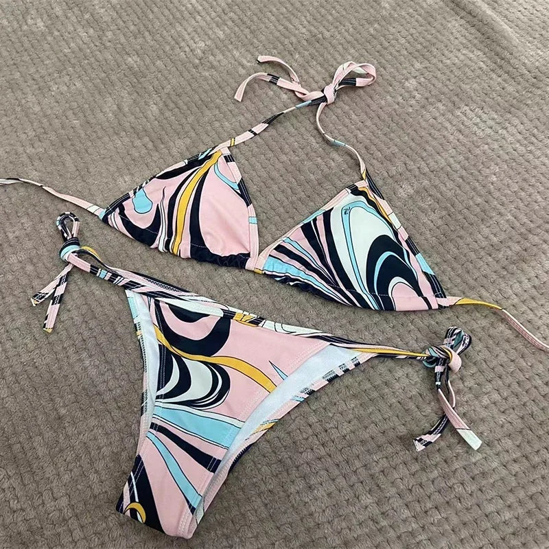European Luxury Design Women's One-piece Swimsuits Striped Letter Print Swimwear Fashion Brand Women's Sexy Beach Bikini Sets