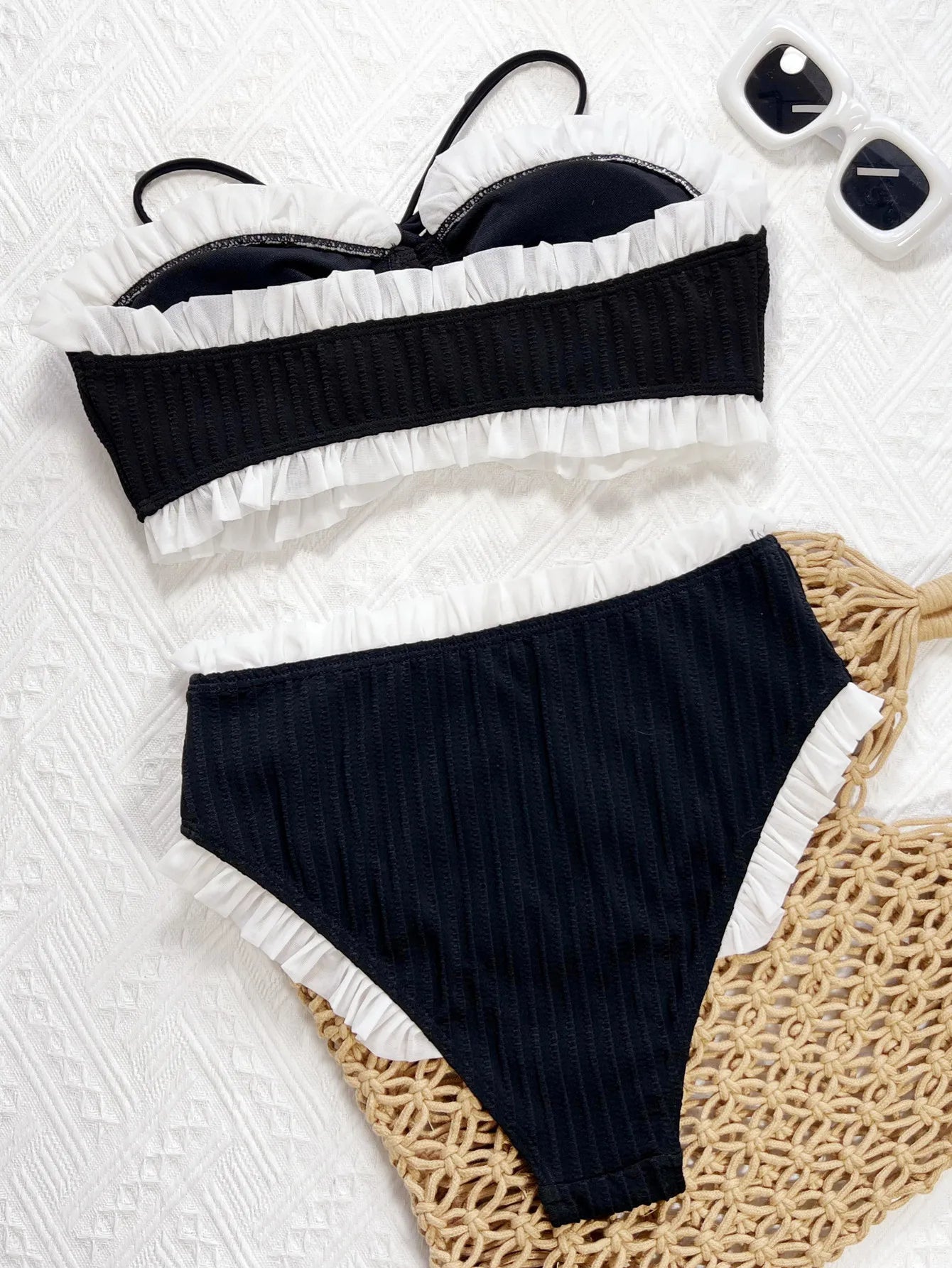 Frilled Ruffle Wrinkled Bandeau Bikini Set White Black Contrast Color Women Swimwear Female Swimsuit Bather Bathing Suit Biquini