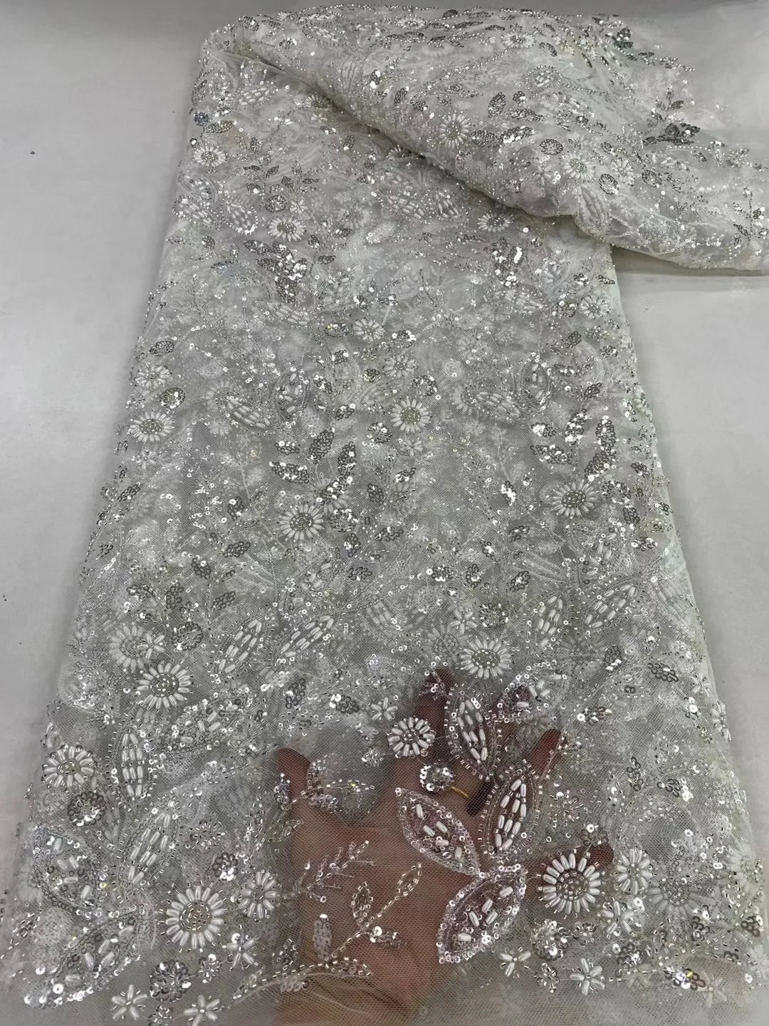 African Nigerian Tulle Lace Fabric with Sequins & Beaded Embroidery - LY4798, 5 Yards