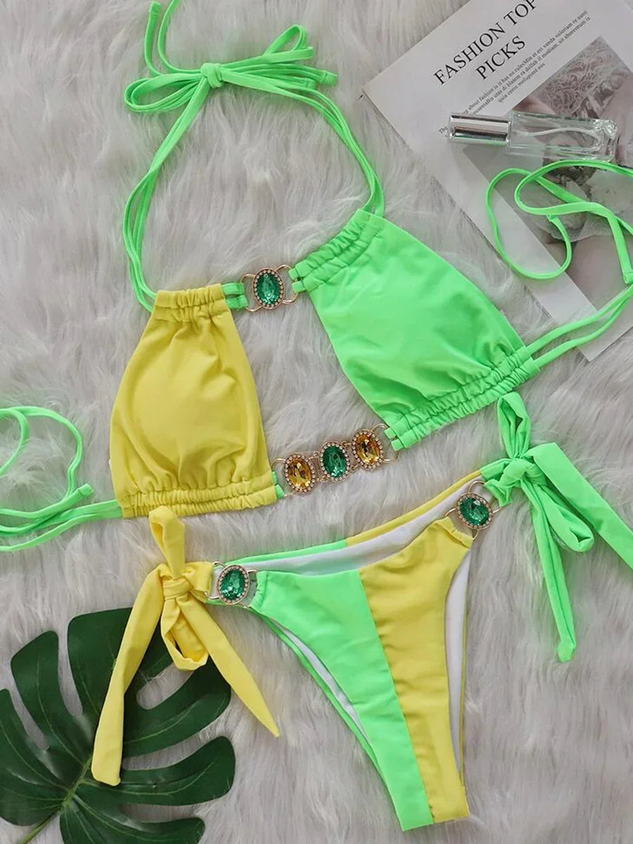 2025 Splicing Halter Diamond Bikini Women Swimsuit Female Swimwear Two Pieces Bikini Set Hollow Out Bathing Suit Swim Beach Wear