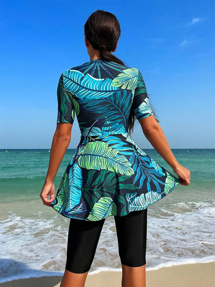 3PCS/Set Burkini Women Swimwear High Waist Curvy Dress Swimsuit Lady Summer Beach Bathing Suit,Quick Drying, UPF50+