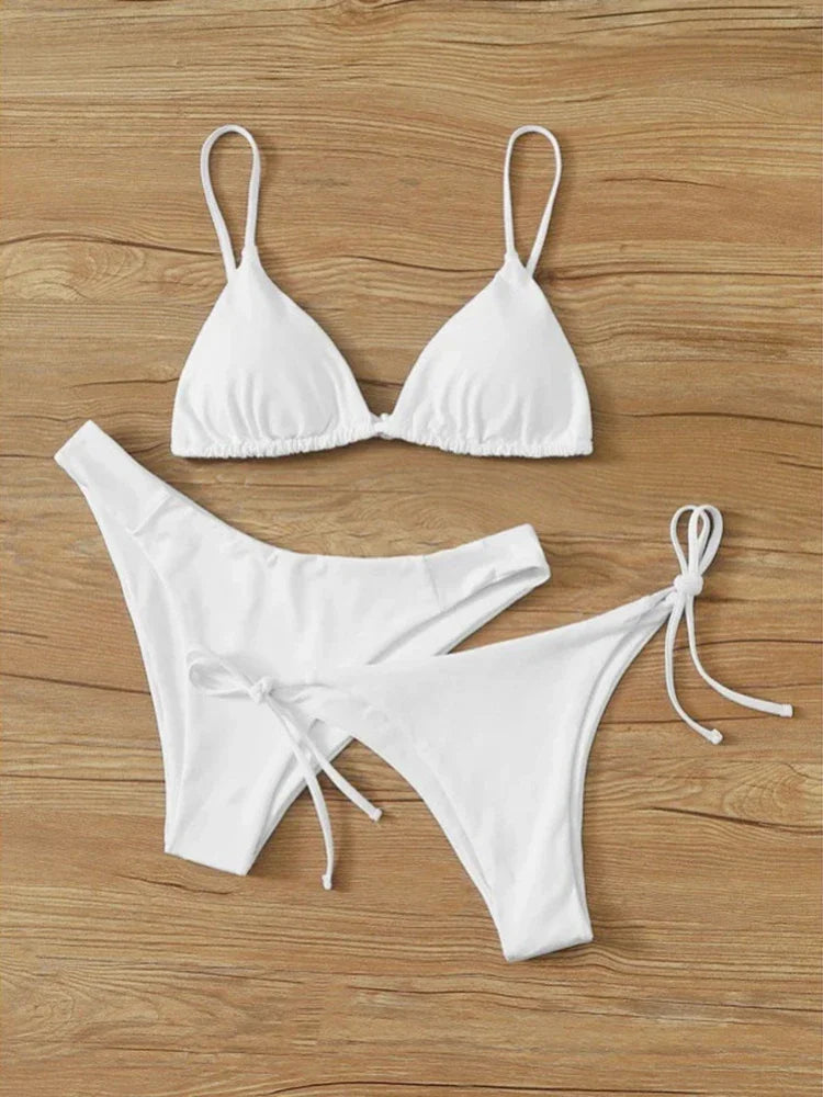 OIINAA Swimwear Women Sexy Solid Swimsuit Drawstring Bow Tie Bikini Set Three-pieces Beachwear Summer Thong Bather Bathing Suit