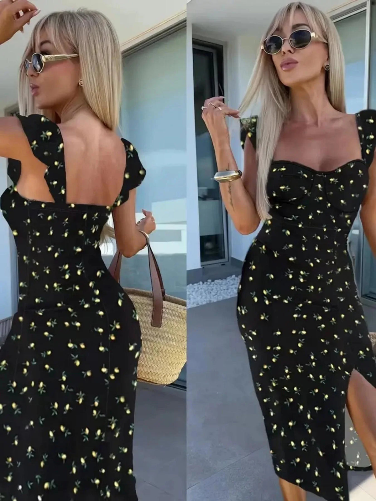 New European and American summer elegant design printed suspender slit midi-length ladies dress