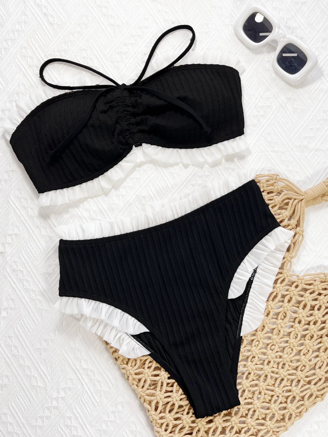 Frilled Ruffle Wrinkled Bandeau Bikini Set White Black Contrast Color Women Swimwear Female Swimsuit Bather Bathing Suit Biquini