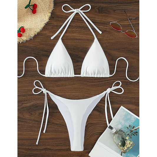 Beach Style Swimsuit for Women Sexy Halter Swimwear Solid Thong Female Bikini Set Bathing Suit Bikini Mujer Lingerie