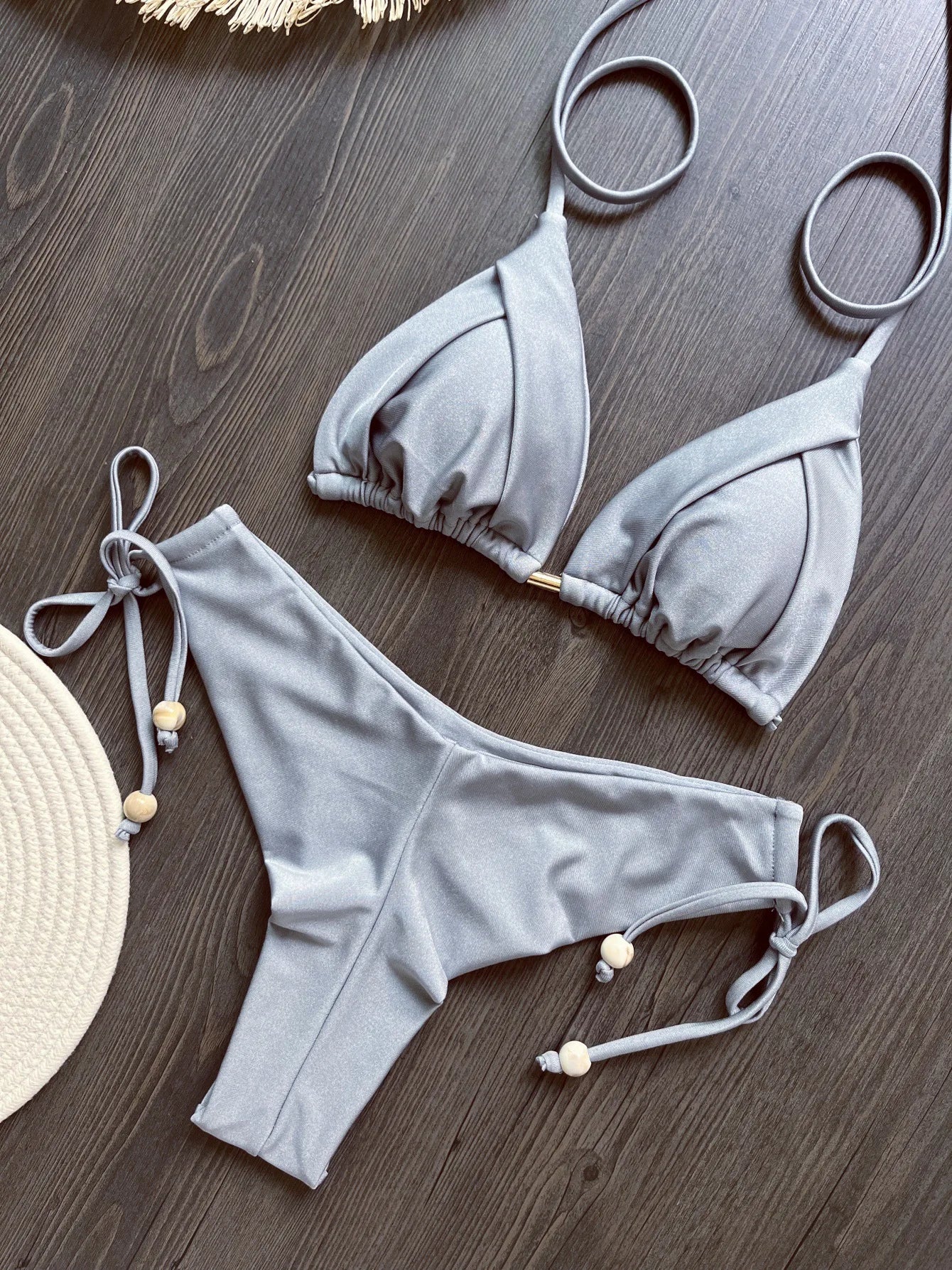 Sexy Halter Bandage Bikini Set Drawstring Beeds Patchwork Women Swimsuit Two-piece Triangle Thong Swimwear Bathing Suit Biquini