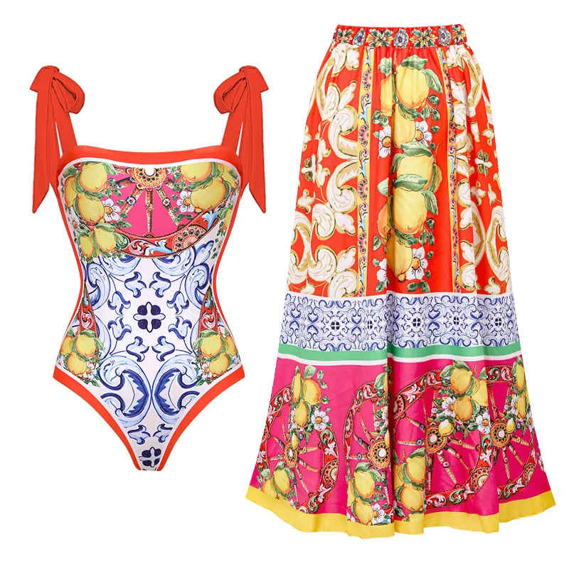 2024 Vintage Pattern Printed One Piece Swimsuit Swimwear Bikini Set Women Beachwear Clearance Wholesale