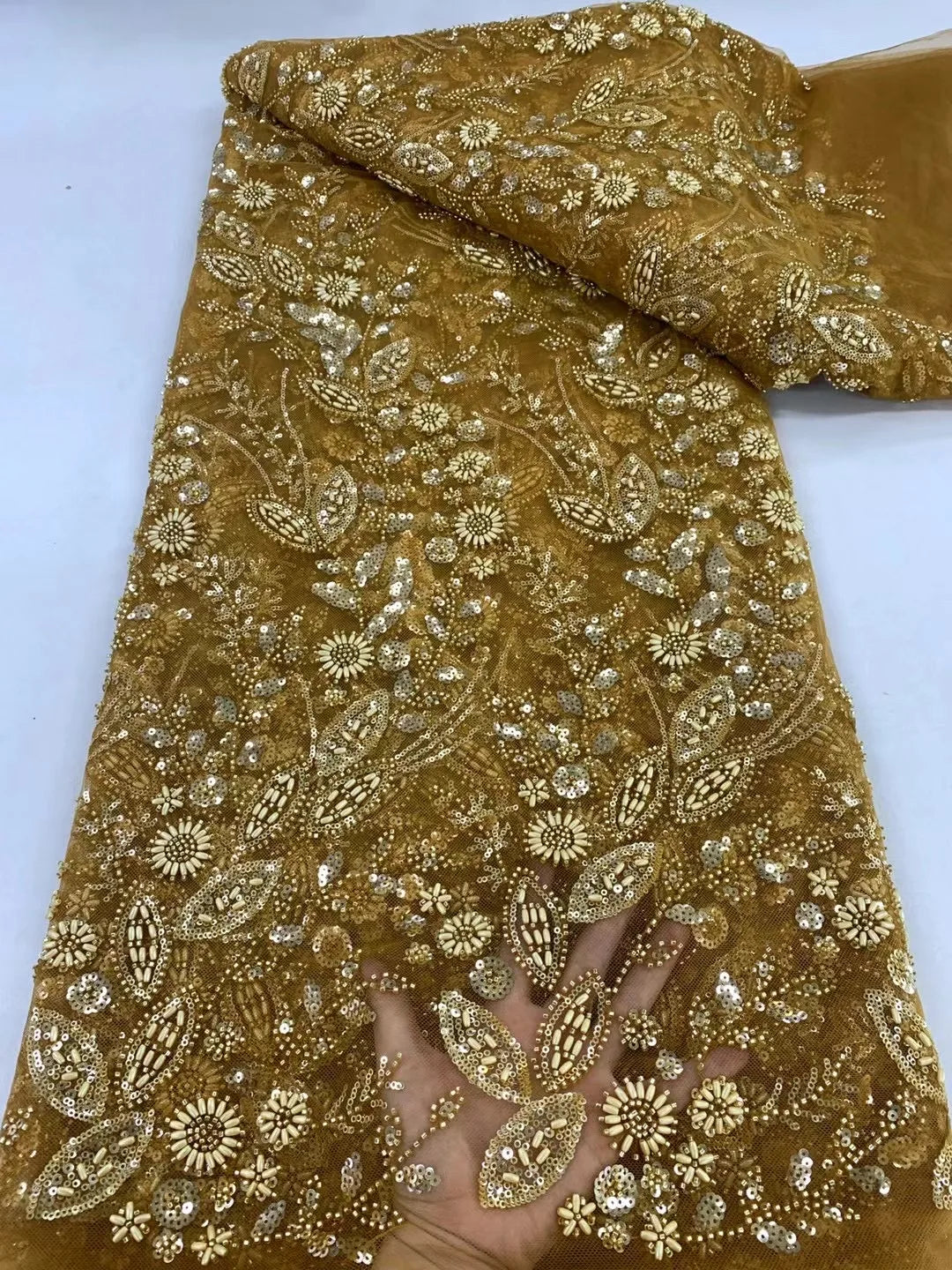 African Nigerian Tulle Lace Fabric with Sequins & Beaded Embroidery - LY4798, 5 Yards