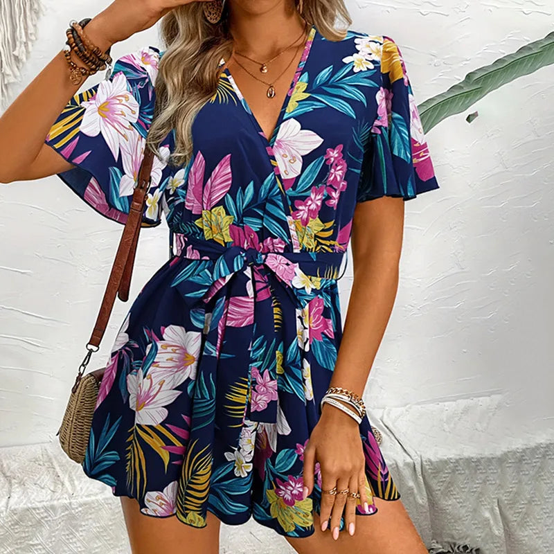 Bohemian Floral Print Short Jumpsuits For Women Summer Short Sleeve Wide Legs One Pieces  Elegant 2024 Beach Wear Casual Outfit