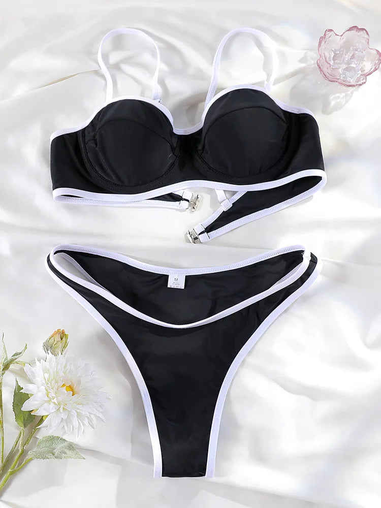 Miyouj High Cut Swimwear New Bikini Solid Color Bkinis Women Swimsuits Black Beachwear Low Waist Biquini Push Up Two Piece Suit