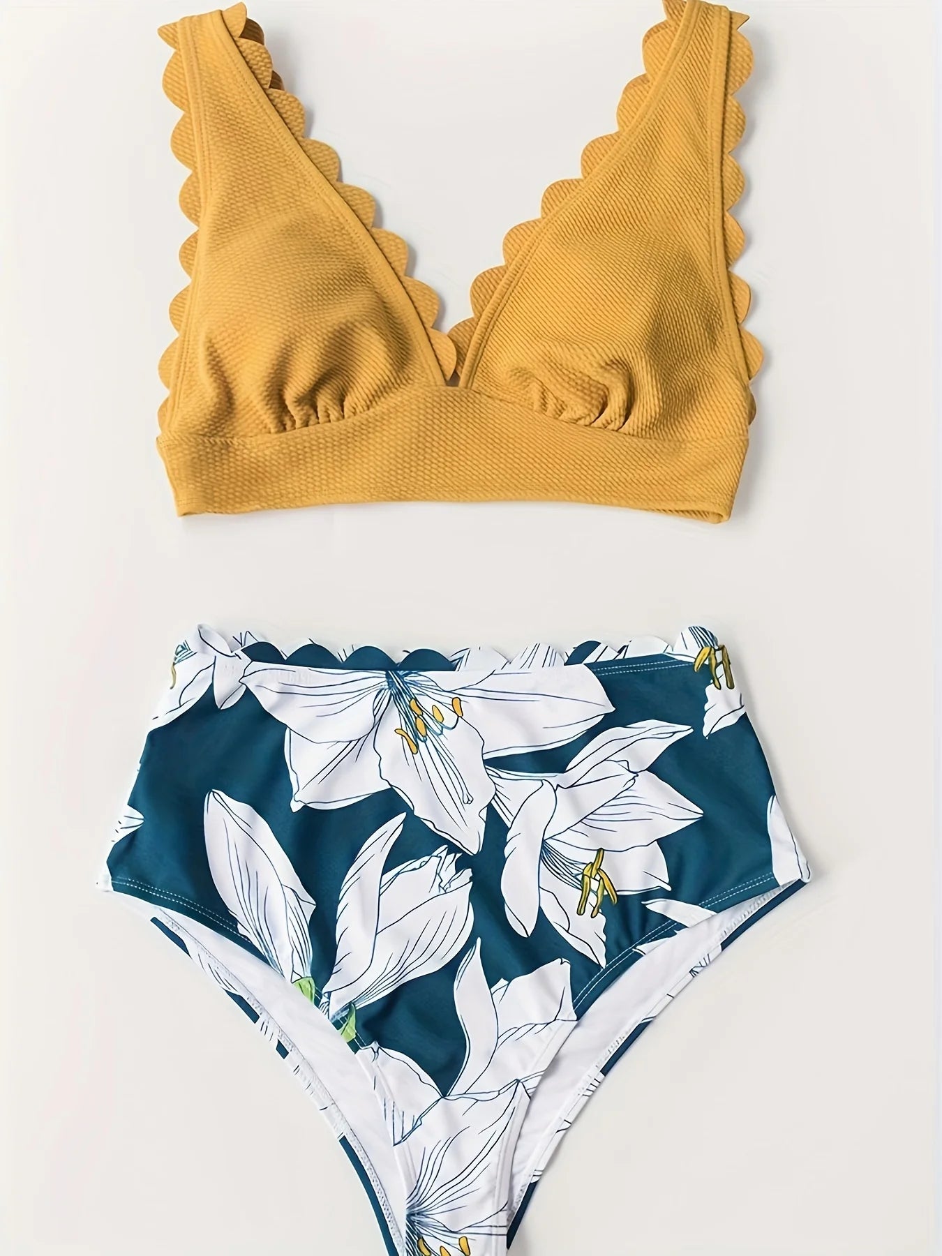 Floral Print V Neck Bikini Sets, Tie Back Tie Side Cut Out High Waist High Cut Two Pieces Swimsuit, Women's Swimwear & Clothing