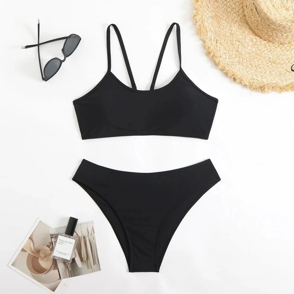 Sexy Backless Pure Color Bikini Swimwear New Women's Split Design Cross-Border Fashionable Poolwear in Various Sizes